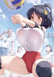 1boy 3girls balloon breasts buruma gao-lukchup gao_(gaolukchup) gym_uniform large_breasts loogchoob_(gaolukchup) original outdoors sports_uniform volleyball