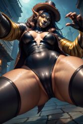 ai_generated anthro blizzard_entertainment cameltoe cleavage clothed clothing from_below hat imminent_facesitting jacket leather leotard looking_at_viewer rodinsinker thighhighs warcraft worgen worgen_female world_of_warcraft