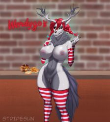 american_mythology anthro breasts clothing cryptid female food genitals gloves hair handwear hi_res indigenous_north_american_mythology legwear mythology nipples north_american_mythology red_hair restaurant solo stockings sunstripe tagme text thick_thighs thigh_highs vulva waiter wendigo wendy's wide_hips