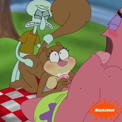 1girls 2boys anthro ass blowjob cephalopod doggy_style fellatio female furry male nickelodeon octopodiform octopus on_table parody patrick_star penetration sandy_cheeks spanky15 spongebob_squarepants squidward_tentacles squirrel starfish threesome