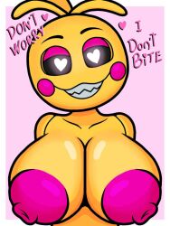 animatronic animatronic_female big_breasts breasts five_nights_at_freddy's five_nights_at_freddy's_2 heart-shaped_pupils kevthunder23 naked naked_female nipples nude plastic robot_girl sharp_teeth text toy_chica_(fnaf) ultimate_custom_night upper_body white_pupils yellow_skin