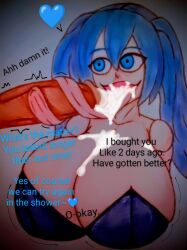 big_breasts big_eyes big_penis blue_eyes blue_hair bra breasts_bigger_than_head cum dialogue doll doll_joints greedydiscord hatsune_miku huge_breasts long_tongue miku_doll scary_doll text tongue_out tonguejob