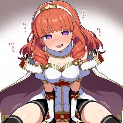 1girls ai_generated alternate_eye_color blunt_bangs breastplate cape celica_(fire_emblem) cowgirl_position fire_emblem fire_emblem_echoes:_shadows_of_valentia hairband heart hypnosis implied_sex mind_control nintendo novelai open_mouth pov purple_eyes red_hair self_upload sex thighhighs vaginal_penetration