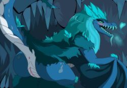 anus blue_body blue_fur blue_hair cave dragon female_only feral fur genitals green_eyes hair scalie solo tail wings wyvern