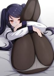 absurdres ass bed_sheet black_hair blush covered_mouth feet_out_of_frame female grey_panties hands_under_legs highres jill_stingray julianne_stingray katsuragi_nantoka legs_up long_hair long_sleeves looking_at_viewer lying on_back panties pantyhose purple_hair red_eyes solo swept_bangs thighs twintails underwear va-11_hall-a