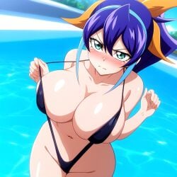 ai_generated artist_request bikini blue_hair blush breasts female green_eyes huge_breasts looking_at_viewer micro_bikini navel nervous ponytail pool ribbon serena_(yu-gi-oh!_arc-v) sling_bikini voluptuous yu-gi-oh! yu-gi-oh!_arc-v