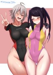 2girls abs absurdres ahoge arms_behind_back bad_id bad_pixiv_id black_hair black_one-piece_swimsuit breasts commentary_request competition_swimsuit covered_navel cowboy_shot dana_zane english_commentary grey_hair highleg highleg_swimsuit highres jill_stingray julianne_stingray katsuragi_nantoka large_breasts long_hair long_sleeves medium_breasts mixed-language_commentary multiple_girls one-piece_swimsuit pink_background pink_one-piece_swimsuit red_eyes short_hair swimsuit turtleneck twintails twitter_username v va-11_hall-a