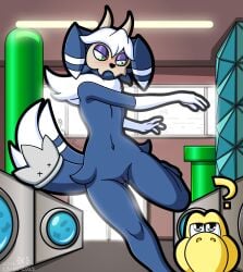 2023 2_tails absurd_res anthro blue_body blue_fur blush bodily_fluids breasts crown digital_media duo female flat_chested fur genital_fluids genitals green_eyes headgear hi_res indoors innie_pussy kick koopa laundromat lunaris_parukia mario_(series) mask meowstic multi_tail multiple_tails navel neck_tuft nintendo nude pokemon pokemon_(species) public public_nudity pussy rule_63 scalie skull_mask solo super_mario_bros. tail tails tuft vaginal_fluids warp_pipe