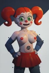 ai_generated animatronic animatronic_female auburn_hair baby_(fnafsl) breasts circus_baby circus_baby_(fnaf) clown_girl clown_nose female five_nights_at_freddy's five_nights_at_freddy's:_sister_location green_eyes hands_on_hips haunted joints pigtails pixai possessed red_cheeks red_nose red_skirt robot_girl robot_humanoid sister_location skirt slim_waist topless twintails ultimate_custom_night white_skin