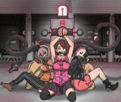 3girls armpit armpits arms_above_head arms_tied_behind_back bea_(pokemon) black_hair black_legwear black_thighhighs blue_eyes bondage brown_eyes brown_hair chain_bondage chained chained_up chains clothing dress feet female gag gagged gloria_(pokemon) grey_eyes grey_hair gym_uniform handcuffed handcuffs_on_ankles hat iscreamman001 legs looking_at_viewer marnie_(pokemon) pokeball pokemon restrained robot short_hair skirt spread_legs stocking stockings tan tan-skinned_female tan_body tan_skin tanned tanned_skin tape_gag tentacle tentacles thighhighs thighs