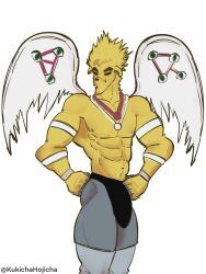 1boy angel_wings anthro buff bulge eyes furry golden_alpaca green_eyes kukichahojicha muscles muscular muscular_male no_background sole_male solo wings yiik:_a_postmodern_rpg