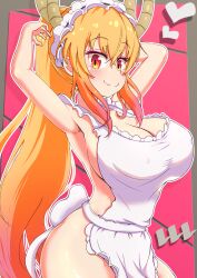 1girls apron big_breasts blonde_hair blush dragon_girl dragon_horns female large_breasts long_hair maid_headdress miss_kobayashi's_dragon_maid monster_girl naked_apron ozrereresan solo tohru_(dragon_maid)