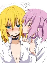 2girls carrera_(tensei_shitara_slime_datta_ken) choker collar flustered kissing_cheek medium_breasts multiple_girls open_shirt purple_hair side_ponytail small_breasts tensei_shitara_slime_datta_ken that_time_i_got_reincarnated_as_a_slime ultima_(tensei_shitara_slime_datta_ken) yellow_hair yuri