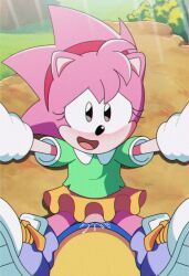 amy_rose classic_amy_rose classic_sonic classic_sonic_(universe) fully_clothed male_pov on_model point_of_view pov pov_eye_contact smile sonic_(series) sonic_origins sonic_the_hedgehog sonic_the_hedgehog_(series)