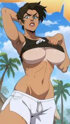 ai_generated anissa armpit armpits blue_eyes blue_eyes_female breasts female fit fit_female invincible invincible_(comics) invincible_(superhero) invincible_(tv_series) short_hair short_shorts tan_lines underboob viltrumite xalphafox