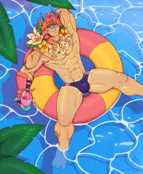 abs bara biceps bulge league_of_legends male male_nipples male_only muscular_male nipples pecs pool_party_series pool_party_sett red_hair riot_games scar sett wet wolfshirtart