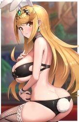 1girls ass bangs blonde_hair blush breasts bunny_ears bunny_girl female fishnets gonzarez hips huge_breasts indoors kneeling large_ass large_breasts latex light-skinned_female light_skin long_hair looking_at_viewer mythra nintendo swept_bangs thick_thighs thighs wide_hips xenoblade_(series) xenoblade_chronicles_2