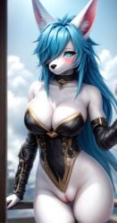 1girls ai_generated anthro bare_shoulders big_breasts big_hips big_pussy black_choker black_clothing black_eyeliner black_gloves blue_hair blush bottomless bottomless_female canine casual_exposure cleavage cloudy_sky curvy_figure cyan_eyes female female_only furry gold hair_over_one_eye hand_on_railing horny horny_female inner_ear_fluff innie_pussy jackal jackal_ears latex latex_clothing latex_sleeves long_gloves long_hair milf outdoors pink_pussy plump_labia pussy round_ass round_breasts shy shy_smile smile warrior white_body white_fur