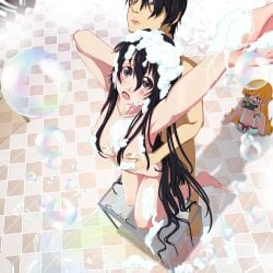 1boy 1girls araragi_koyomi araragi_tsukihi arms_up bathroom black_hair breast_grab breasts brother_and_sister censored censored_nipples completely_nude convenient_censoring crocodilefucker female fondling_breast hair_censor hair_over_one_eye happy long_hair male monogatari_(series) oshino_shinobu siblings soap soap_bubbles tsukimonogatari washing wet_hair wet_skin younger_sister