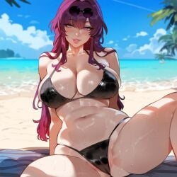 1girls ai_generated artstyle_imitation beach breasts female floox hi_res high_resolution honkai:_star_rail honkai_(series) kafka_(honkai:_star_rail) large_breasts light-skinned_female light_skin long_hair naughty_face outdoors purple_eyes purple_hair smile stable_diffusion thiccwithaq_(ai_style) voluptuous