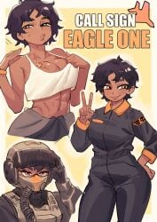 1girls 2d abs athletic athletic_female beauty_mark colo dark-skinned_female dark_skin eagle-1_(helldivers) english_text female female_focus female_only female_soldier good_artwork helldivers helldivers_2 military mole mole_under_mouth muscular muscular_female peace_sign pilot pilot_suit sfw simple_background soldier sweat sweatdrop tattoo text tomboy v