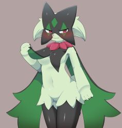 2022 anthro anthro_only blush breasts claws featureless_crotch feline female female_only generation_9_pokemon green_body green_fur grey_fur medium_breasts meowscarada navel paws pink_eyes pokémon_(species) pokemon pokemon_(species) pokemon_sv shy simple_background sum