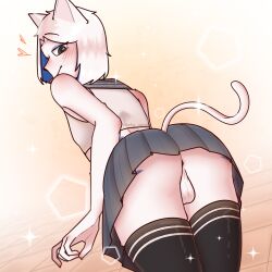 1boy ahju anthro balls black_eyes cat_ears cat_tail felid feline femboy girly no_panties oc rear_view school_uniform skirt smile solo_focus white_fur