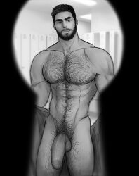 1boy balls bara barazoku beard big_balls big_penis completely_nude completely_nude_male daddy hairy_chest looking_at_viewer male male_nipples male_only male_pubic_hair manly mature_male monochrome muscular_male nipples nude penis spacebaddy