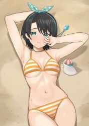 1girls 2d 2d_(artwork) aqua_eyes arm_behind_head beach belly_button bikini black_hair blush bra day diptip duck female female_focus female_only front_view high_resolution highres hololive hololive_gen_2 hololive_japan light-skinned_female looking_at_viewer lying lying_on_sand medium_breasts oozora_subaru outdoors ribbon ribbon_in_hair sand short_hair solo solo_female summer swimsuit thong thong_bikini two_piece_swimsuit virtual_youtuber vtuber vtuberfanart whistle yellow_nails young younger_female