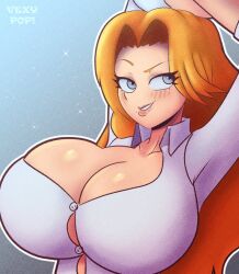 arms_up bleach blue_eyes blush breasts button_gap cleavage female grey_background highres huge_breasts lips matsumoto_rangiku mole mole_under_mouth orange_hair seductive_smile shirt smile solo upper_body vexypop white_shirt