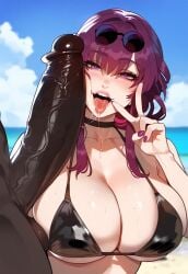 1boy 1girls ai_generated artstyle_imitation beach breasts dark-skinned_male dark_skin female floox hi_res high_resolution honkai:_star_rail honkai_(series) huge_cock interracial kafka_(honkai:_star_rail) large_breasts light-skinned_female light_skin long_hair male naughty_face outdoors penis penis_against_face purple_eyes purple_hair smile stable_diffusion thiccwithaq_(ai_style) uncensored voluptuous