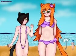 1boy 2girls background_character beach beach_umbrella bikini black_hair cat_ears cat_tail catboy catgirl clothed emo_hair exposed_penis female femboy flower_in_hair glasses green_eyes long_hair male nails_painted nekoruna orange_hair small_penis swimsuit trap