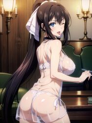 ai_generated bedroom big_ass big_breasts big_butt head_turned head_turned_sideways houki_shinonono infinite_stratos mommy nightgown on_the_side one_eye_closed panties shinonono_houki sideboob standing tongue_out transparent_night_gown