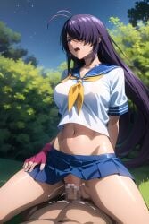 ai_generated big_breasts censored clothed_sex cowgirl_position forest ikkitousen ikkitousen_dragon_destiny kan'u_unchou outdoor_sex outdoors riding school_uniform sex toned_stomach