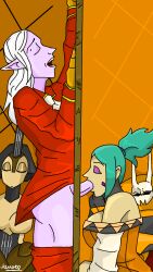 1boy 1girls cerebella muse_(skullgirls) skullgirls sucking_penis taliesin_(skullgirls) wall