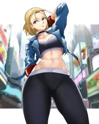 1girls belly_button blonde_hair blue_eyes cammy_white choker female female_only fully_clothed leggings luxpineapple medium_breasts open_jacket scar six_pack slim_waist solo sports_bra sportswear street_fighter street_fighter_6 thick_thighs wide_hips