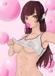 belly breasts bubblegum chewing_gum d.va mistakeart60 overwatch overwatch_2 showing_off sweat taking_clothes_off