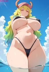 1girls ai_generated arms_behind_back artist_name baseball_cap big_breasts bikini black_bikini blush bombacopta breasts cameltoe closed_eyes dragon dragon_girl female female_only hat highres horns horns_through_headwear huge_breasts kobayashi-san_chi_no_maidragon lucoa mature_female micro_bikini midriff multicolored_hair navel nose pink_hat posing quetzalcoatl_(dragon_maid) simple_background smile sole_female standing sweat thick thick_thighs thighs voluptuous water wet wide_hips