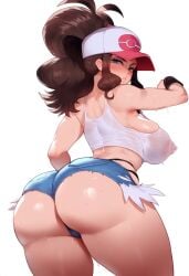 1girls ai_generated ass ass ass_focus back back_view bare_arms bare_legs bare_shoulders bare_thighs big_ass big_breasts big_butt blue_eyes blush brown_hair clothed clothing color female female_focus female_only game_freak hat hi_res hilda_(pokemon) jean_shorts large_breasts light-skinned_female light_skin long_hair looking_at_viewer mistarman nintendo nipples_visible_through_clothing pokemon pokemon_bw pokemon_trainer ponytail solo solo_female tagme thick_thighs wet_shirt