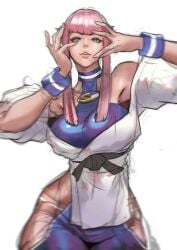 1girls bare_shoulders big_breasts capcom clothed clothing color female female_focus female_only green_eyes hi_res juaagacgy large_breasts light-skinned_female light_skin looking_at_viewer manon_legrand pink_hair short_hair solo solo_female street_fighter street_fighter_6 tagme thick_thighs