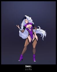 black_hair black_lips cleavage earrings eyeliner high_heel_boots high_heels jiggeh large_breasts leaning_forward mortal_kombat redesign simple_background sindel solid_eyes standing thighhighs vambraces very_long_hair white_eyes white_hair