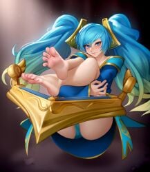 1girls barefoot blue_eyes blue_hair blue_panties blush blushing clothed feet feet_up female female_focus female_only foot_fetish happy_female kairuhentai kairunoburogu league_of_legends leg_grab legs legs_crossed legs_up long_hair looking_at_viewer panty_peek pantyshot presenting_feet riot_games simple_background slight_smile soles solo sona_buvelle thick thick_thighs toes toes_spread very_long_hair