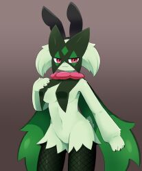 2023 :3 anthro anthro_only breasts bunny_ears claws featureless_crotch feline female female_only fishnets generation_9_pokemon green_body green_fur looking_at_viewer medium_breasts meowscarada navel paws pink_eyes pokémon_(species) pokemon pokemon_(species) pokemon_sv simple_background sum