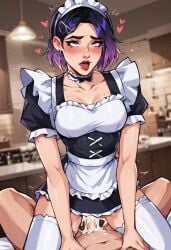 1boy 1girls ahegao ai_generated blush cleavage clothed clothed_sex clove_(valorant) cowgirl_position cum cum_in_pussy female maid maid_outfit pov short_hair tongue tongue_out valorant