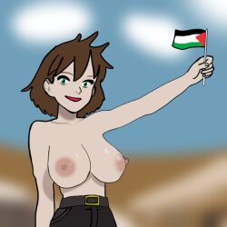 brown_hair brown_shorts desert green_eyes jane_buxton palestine palestinian_flag patapata_hikousen_no_bouken shirtless_female topless_female