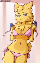 4_eyes big_breasts bikini blue_eyes breasts cleavage female furry multi_eye pink_bikini tagme taking_off_bra thick_thighs wide_hips yellow_fur yorusagi