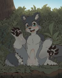 1boy absurd_res anal anthro anthro_only ass bodily_fluids cum cum_in_ass cum_inside fluffy furry genital_fluids genitals grass hi_res makioraku male male/male male_only pawpads paws penis plant raised_paw sitting solo tree young