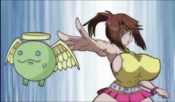 big_breasts blue_eyes breasts brown_hair female female_only gigantic_breasts huge_breasts pink_skirt riffsandskulls tea_gardner yellow_shirt yu-gi-oh! yu-gi-oh!_duel_monsters