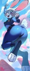 3_toes 4_fingers anthro aruurara background bubble_butt buckteeth bunny_tail butt carrot clothed clothing eyebrows eyelashes female gray_fur happy hi_res highres judy_hopps lagomorph long_ears looking_at_viewer open_mouth police police_uniform skin_tight small_breasts solo zootopia