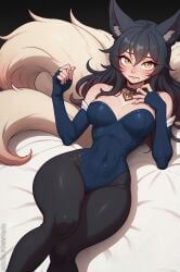 ahri ai_generated belly_button black_hair bodysuit choker collar embarrassed fingerless_gloves fox_ears fox_girl fox_tail hand_on_breast league_of_legends looking_at_viewer medium_breasts multiple_tails orange_eyes powwyarts thick_thighs yellow_eyes